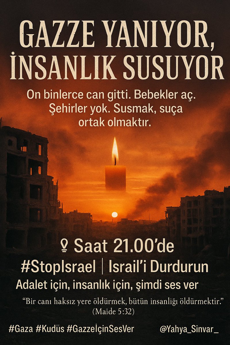 ZynP_58_34's tweet photo. Artık kaybedecek tek bir saniyemiz dahi yoktur. 
Saat 21.00'de, bir kez olsun susmayın. Ses verin, adaletin yankı bulmasına izin verin. 
#GazaGenocide
#Stopİsrail https://t.co/iaEL6jXRVr