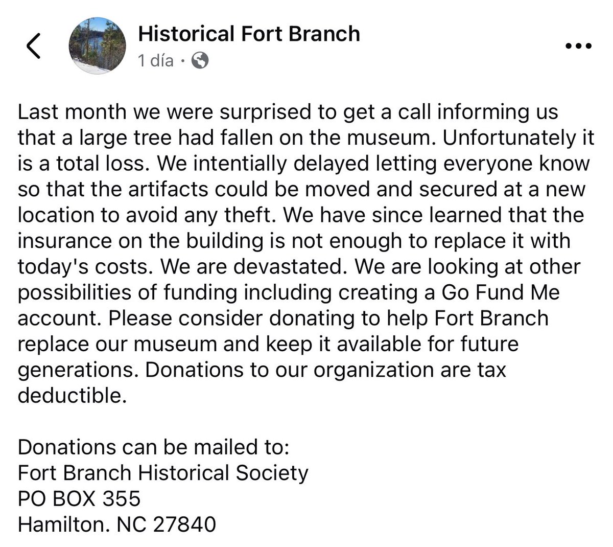 Phil_Lewis_'s tweet photo. The Fort Branch Historical Society in North Carolina recently announced a large tree fell on its museum last month, completely destroying it 

Here’s before and after photos of the museum, which aims to “protect the ‘lifeline’ of the confederacy” https://t.co/mlNv5Ptq6r