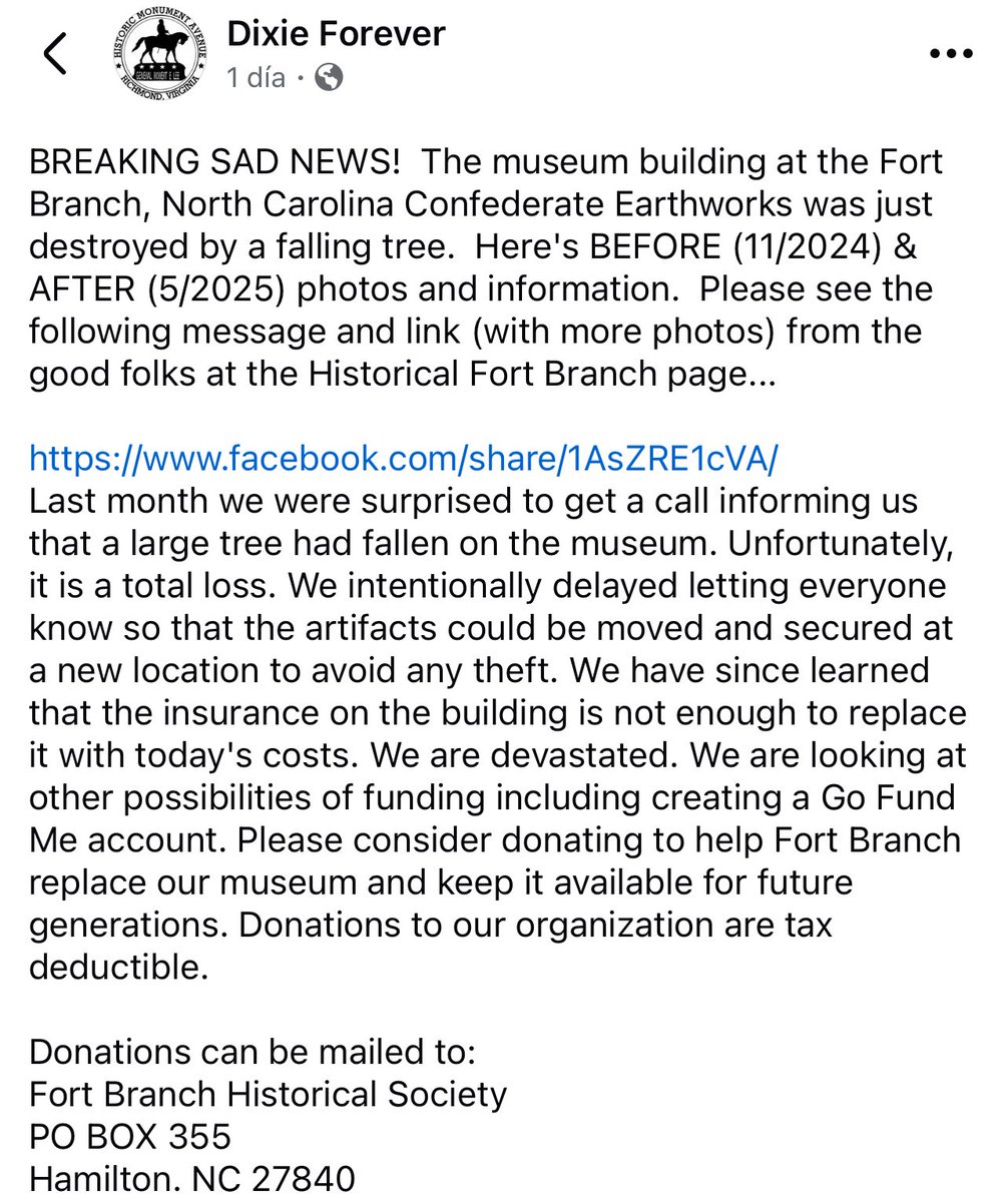 Phil_Lewis_'s tweet photo. The Fort Branch Historical Society in North Carolina recently announced a large tree fell on its museum last month, completely destroying it 

Here’s before and after photos of the museum, which aims to “protect the ‘lifeline’ of the confederacy” https://t.co/mlNv5Ptq6r