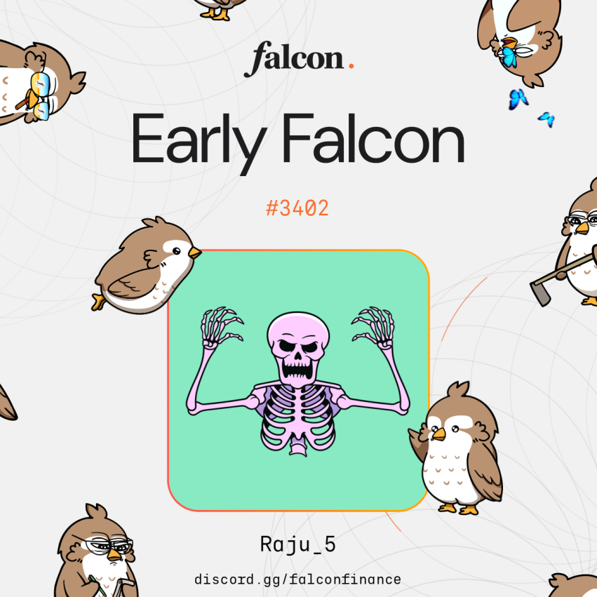 RahulBoys5's tweet photo. I fly early.

I yield better.

I’m an Early Falcon.

Making Yield Great Again (MYGA), with @falconfinance 🦅⛽️ https://t.co/I4aloHFbH0