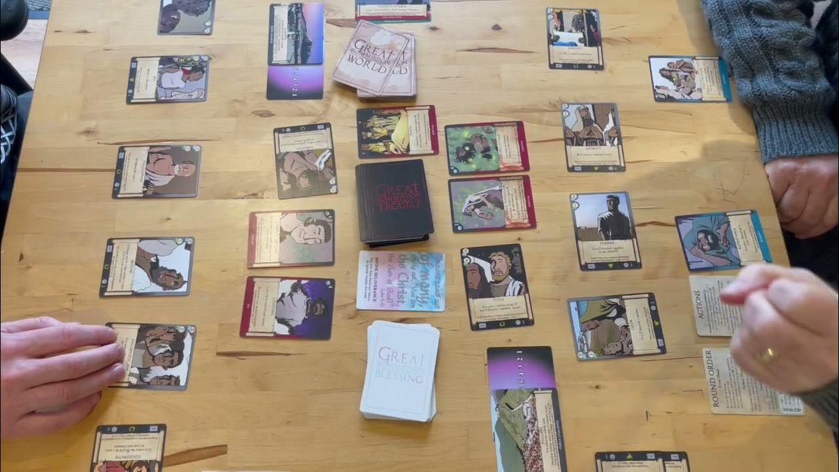 This 2-player play-through of The Great Commission Game, was played with creators Paul Snuggs and SA Pillario on the day they received the first full prototype. 
youtu.be/7bnmHlkOxBc