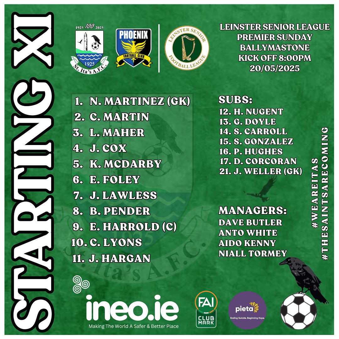 St Ita's AFC (@stitasafc) on Twitter photo Our starting XI for tonight 🟢⚪️
COME ON YOU SAINTS 🙌🏼
#stitasafc #weareitas
<a href="/LSLLeague/">Leinster Senior League</a> <a href="/AlQuinn2015/">LSL Live Update’s</a> Our starting XI for tonight 🟢⚪️
COME ON YOU SAINTS 🙌🏼
#stitasafc #weareitas
<a href="/LSLLeague/">Leinster Senior League</a> <a href="/AlQuinn2015/">LSL Live Update’s</a>