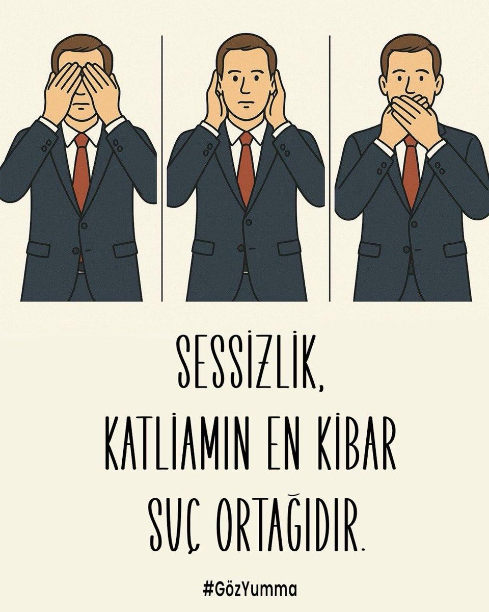 MSaitCelik7206's tweet photo. Sessizlik, katliamın en kibar suç ortağıdır.
Ey Müslüman, Ey Dünya ve Ey vicdan sahibi insanlık yeter artık 3 maymunu oynama soykırıma #GözYumma. https://t.co/KLN2GJc4MC
