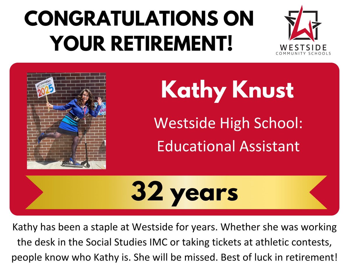 We would like to take a moment to thank the retirees who have helped Westside Community Schools maintain our reputation for innovation, community and dedication to excellence. 
We hope the next chapter of your life is filled with joy and happiness. 

#WorkAtWestside
