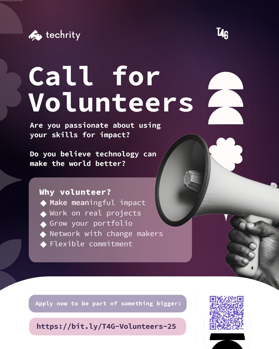 techrityorg's tweet photo. 🚨 Call for Volunteers – Tech4Good 2025 🚨
Passionate about tech, admin, media, education, or logistics?
Join us to drive innovation! 💡
Be part of something bigger.
👉 Apply now: https://t.co/qdtJZAF5l5
#Tech4Good #VolunteerOpportunity #Tech4Good2025 https://t.co/VtTkITDnqa
