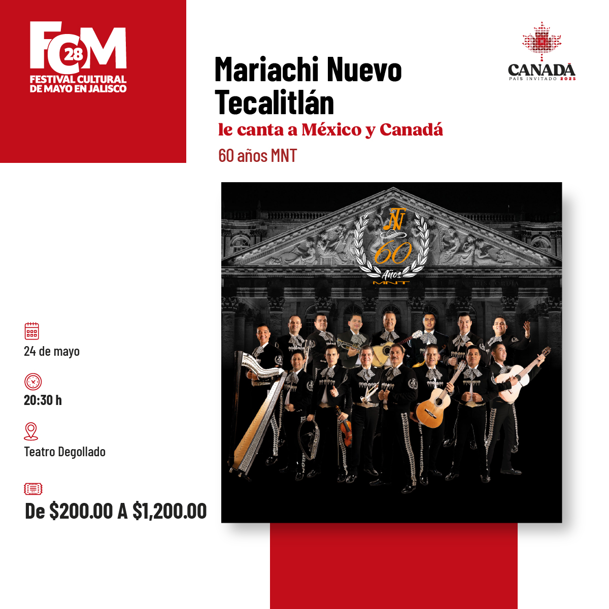 Con 60 años de trayectoria, el Mariachi Nuevo Tecalitlán, orgullo de Jalisco, llega al Festival Cultural de Mayo para rendir homenaje a Canadá, país invitado, con un concierto lleno de tradición y fuerza musical. 🎺
¡Imperdible!
🎟 Compra tus boletos en boletia.com
