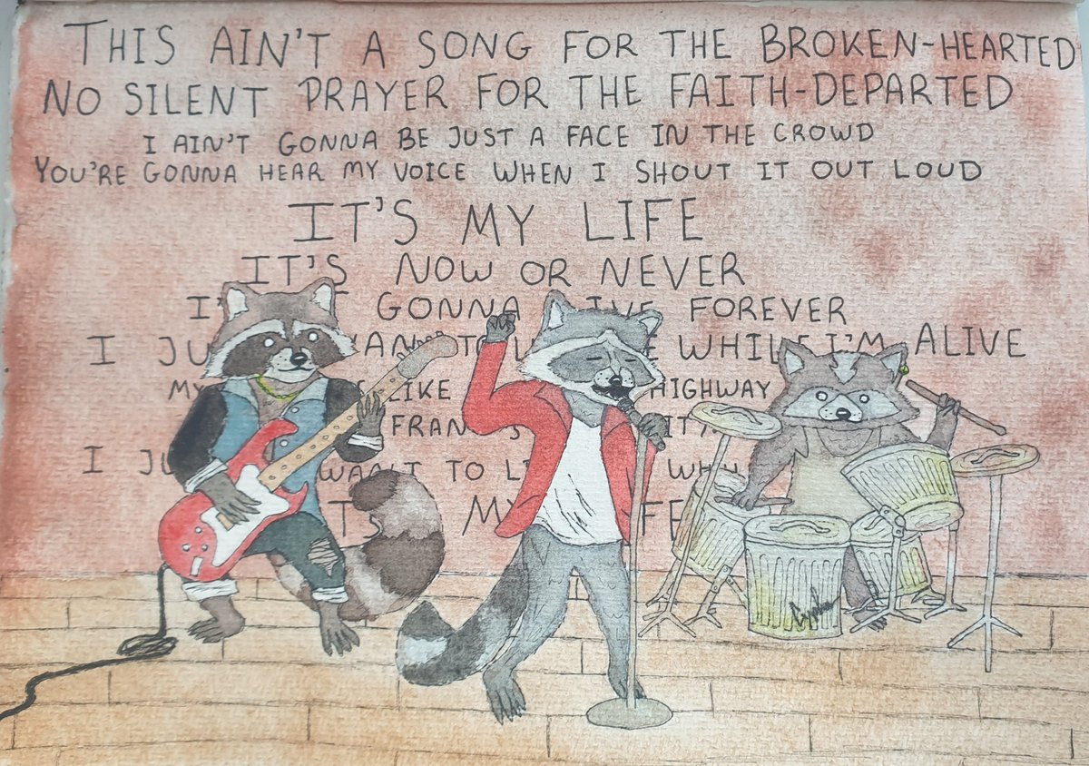 Cypher_Ringtail's tweet photo. Title: Racc Jovi and the Trash Bandits

it's a Racc-n-Roll Album cover 😂 🤘🦝

#art #chillart #arttherapy #painting #watercolor #raccoon #trashpanda #rocknroll #music #albumcover https://t.co/wrvhcEiQ5c