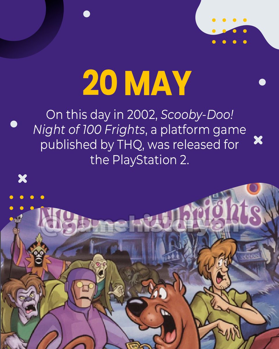 gamehistoryEn's tweet photo. Today in Gaming!🎮
Follow us for Daily notes from gaming history!
#OnThisDay #ScoobyDoo #NightOf100Frights #PS2Games #RetroGaming #GamingHistory #THQ #PlatformGame #2000sGaming #OldSchoolGaming #TodayInGaming #ThrowbackGaming #GameHistory #VideoGameHistory #GameFacts https://t.co/7yvJCr2eaA