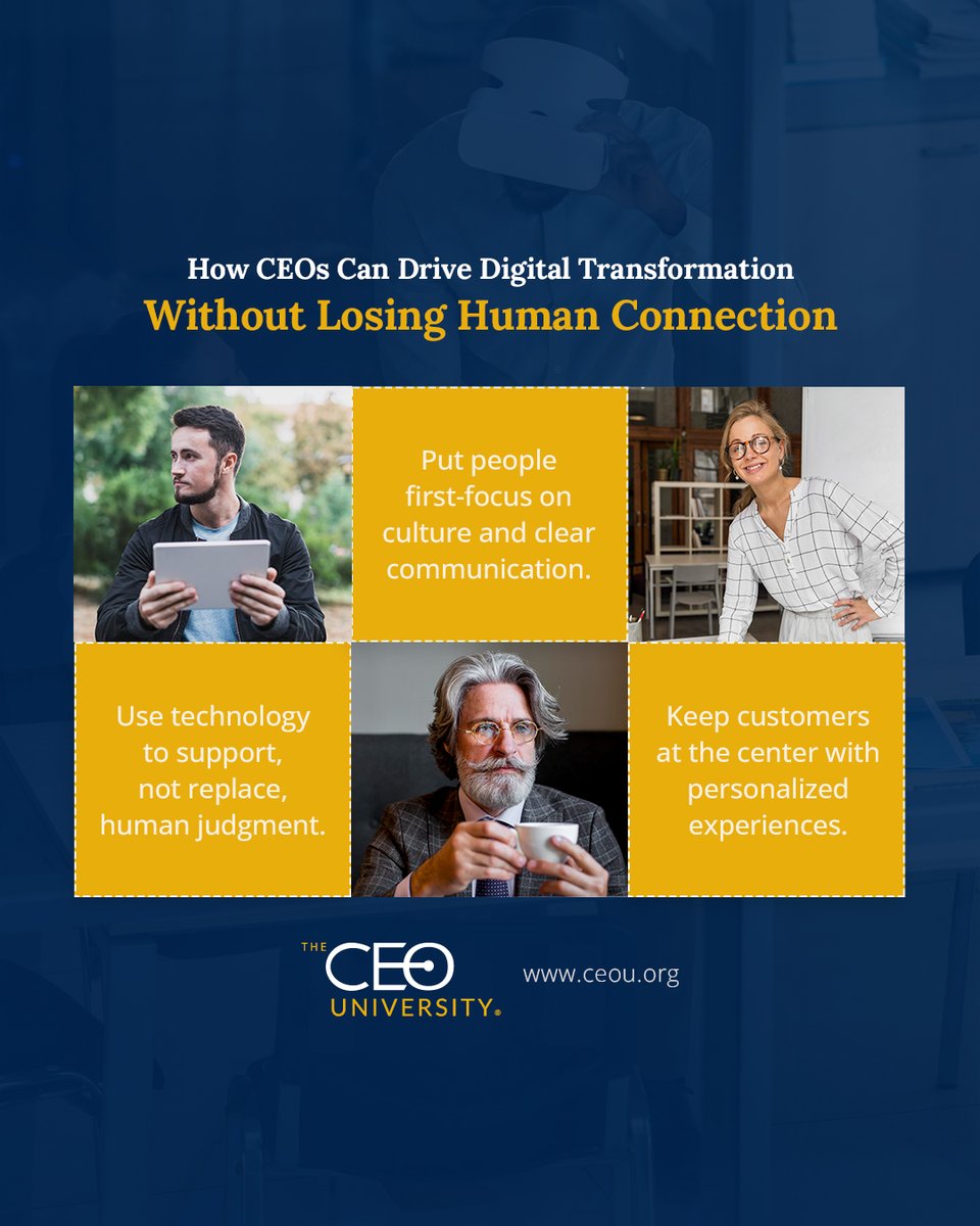 CEO_University's tweet photo. The most successful CEOs know that digital transformation isn’t just about adopting new technology—it’s about enhancing human connection while leveraging the power of digital tools.

https://t.co/1FxH5QAOUp

#ceouniversity #peeradvisoryboards https://t.co/4yOAJx8wh6