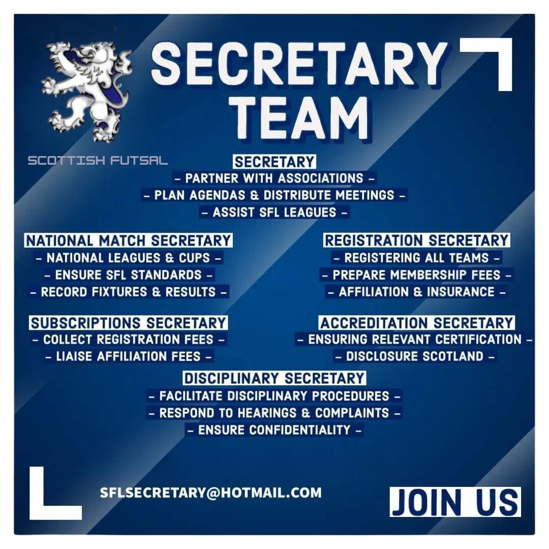 Scottish Futsal (@scottishfutsal) on Twitter photo We’re expanding the Scottish Futsal League committee!
Looking for volunteers to support media, events, sponsors & more.
Be part of futsal’s growth across Scotland!
Email:
SFLSecretary@hotmail.com
#ScottishFutsal #JoinTheTeam #Volunteering #FutsalScotland We’re expanding the Scottish Futsal League committee!
Looking for volunteers to support media, events, sponsors & more.
Be part of futsal’s growth across Scotland!
Email:
SFLSecretary@hotmail.com
#ScottishFutsal #JoinTheTeam #Volunteering #FutsalScotland