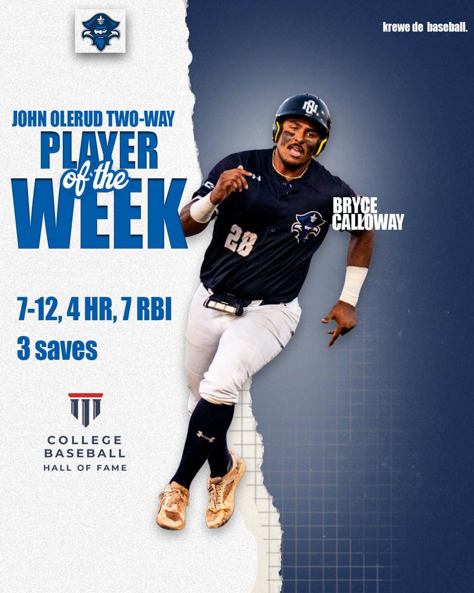 A big statement in the Hammond bracket and another accolade earned by <a href="/BryceCalloway3/">Bryce Calloway</a> !

After his performance in the Hammond bracket, Bryce won John Olerud Two-Way Player of the Week honors as selected by <a href="/CollegeDiamonds/">CollegeBaseballHoF</a> !

unoprivateers.com/news/2025/5/20…

#NOLAsTeam ⚔️ #LockedIn 🔒
