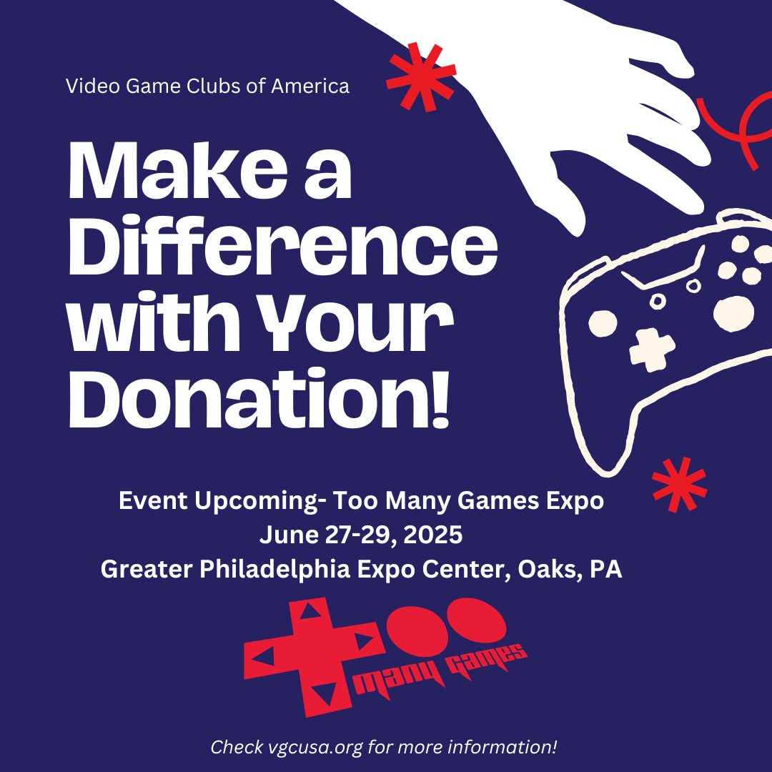 Join us for the longest-running video and board game convention in Pennsylvania! Too Many Games has invited us to be apart of their Indie Games Showcase and fundraise for more clubs! Every donation counts to helping kids in need! 
#vgcusa #toomanygames #gamingclubs #pennsylvania