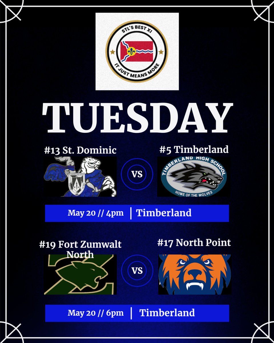 @STL_Best_XI (@stl_best_xi) on Twitter photo We have top 25 metro area playoff action today at Timberland!  First #13 St. Dominic plays #5 Timberland at 4pm.  Then #19 Fort Zumwalt North plays #17 North Point at Timberland at 6pm.  
Go out and watch some great playoff soccer tonight! #WhereLegendsAreMade We have top 25 metro area playoff action today at Timberland!  First #13 St. Dominic plays #5 Timberland at 4pm.  Then #19 Fort Zumwalt North plays #17 North Point at Timberland at 6pm.  
Go out and watch some great playoff soccer tonight! #WhereLegendsAreMade