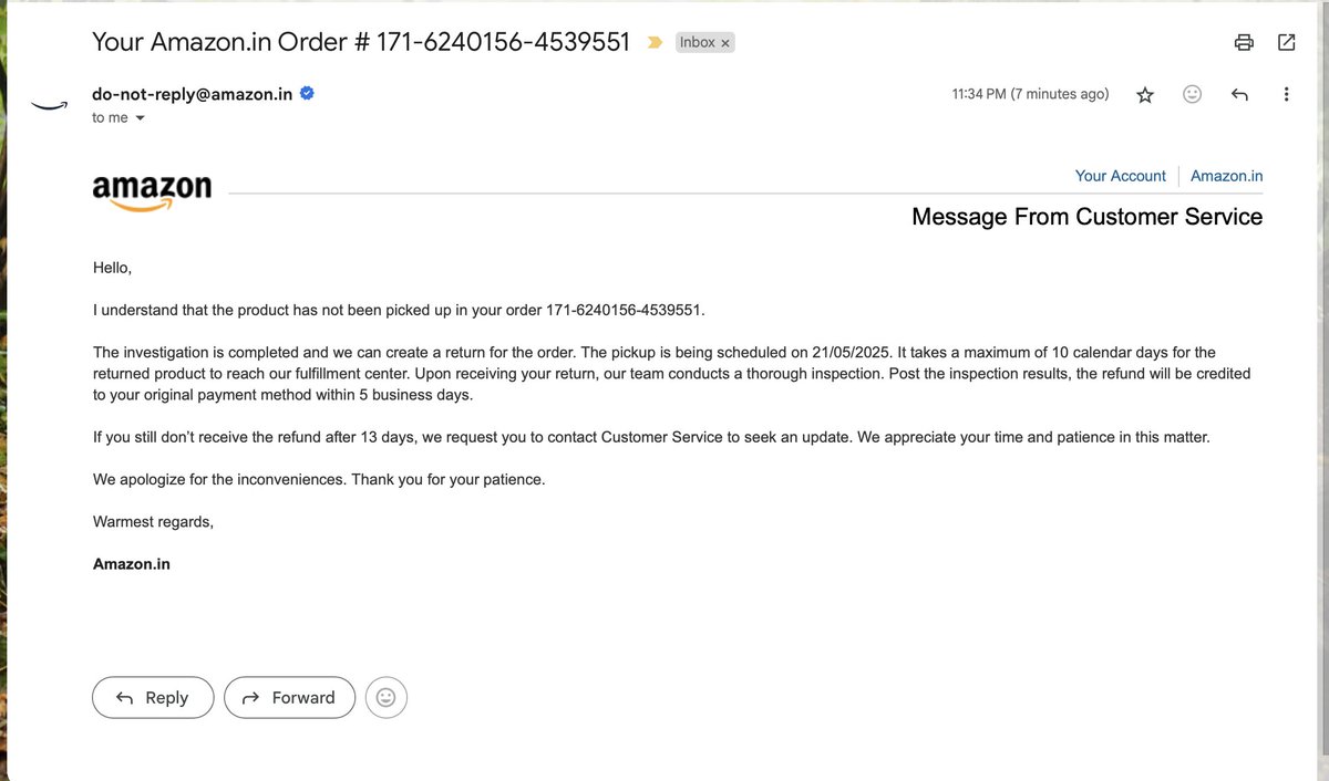 nagdeeps's tweet photo. @amazon  raises return pick up but it never happens. NO ONE CAME TO PICK UP THE ORDER.

Attaching the screenshots of teh email confirmation from amazon on return pick up: @amazon @amazonIN  has no #Accountability . Their #email #confirmation has no value. This is the #proof.

1. 17th May return pick up scheduled.
2. 20th May - return pick up scheduled.
3. 21st May - Awaiting .....

That too for each time you need to reach them onsocial media escalate & then they would raise another return.

So its that a hasle to rasie return pick up on @amazon @JeffBezos 
 
Without a proper intervention from a 3rd party like Govt or a law body I don't think this return of 1.12 Lakhs S25+ phone is going to happen!!
@jagograhakjago @ConsumerReports @JeffBezos @amazonIN @amazon @AmazonNews_IN @AmazonHelp @PrimeVideo @AmazonAlexa @CNNnews18 @CNN @cnnbrk @cnni @ndtv @ndtvindia @ndtvfeed @TimesNow
