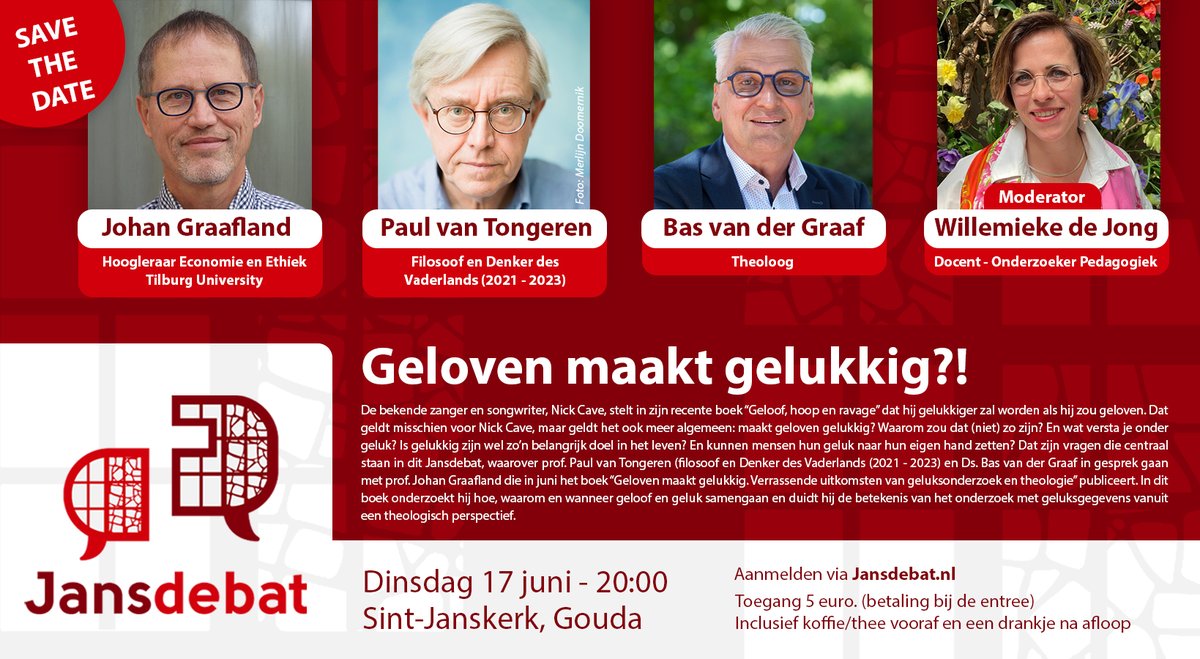 📅SAVE THE DATE!
Dinsdag 17 juni is er weer een Jansdebat over de vraag: maakt geloven gelukkig?! Aan de hand van zijn te verschijnen boek, gaat Johan Graafland in gesprek met <a href="/paulvantongeren/">Paul van Tongeren</a> , Bas van der Graaf en <a href="/Wmieke/">Willemieke de Jong</a> .

📝Aanmelden kan via Jansdebat.nl