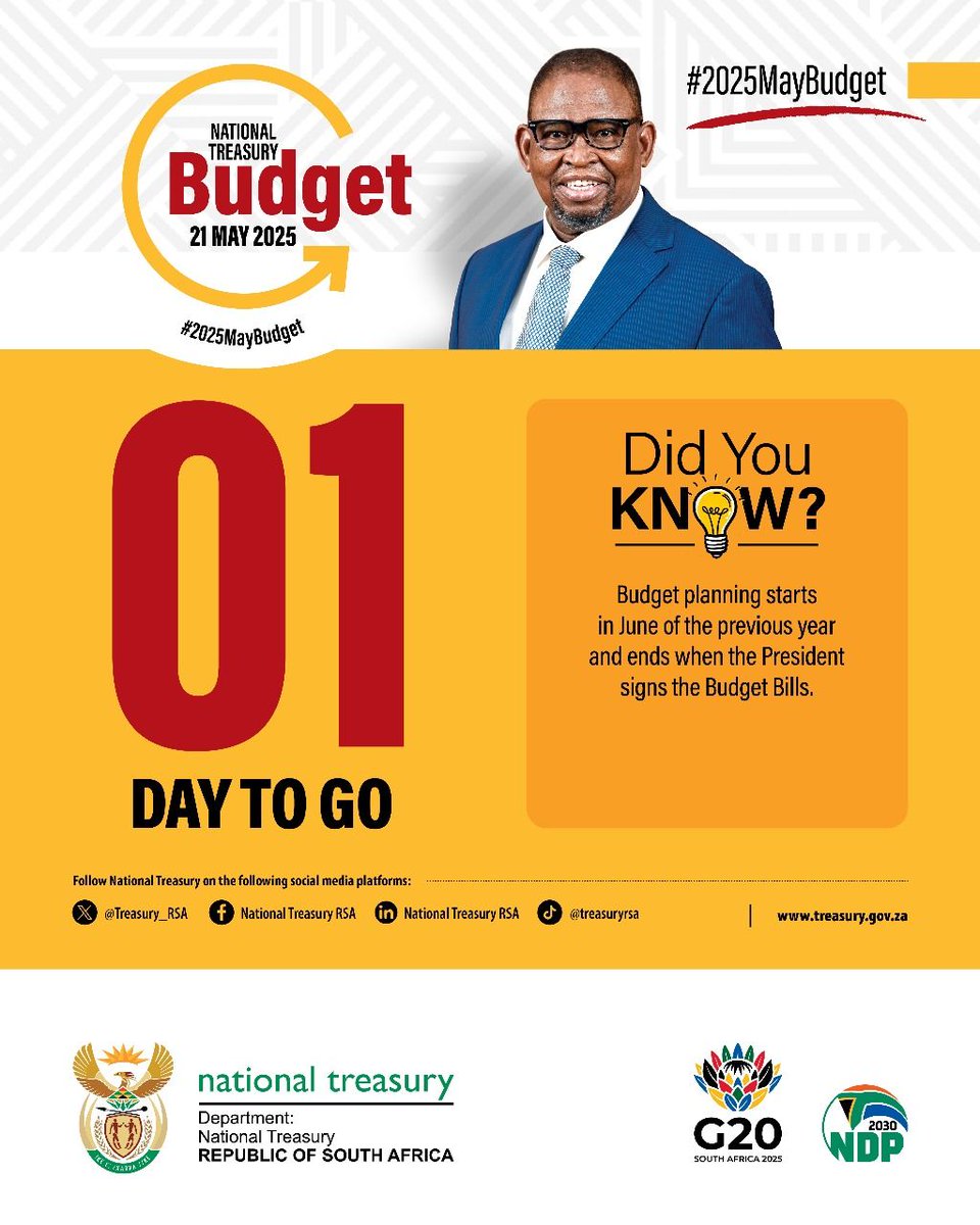 One day to go: the Budget will be tabled tomorrow, Wednesday, 21 May 2025.

#budget2025
#BudgetSpeech2025
#2025MayBudget