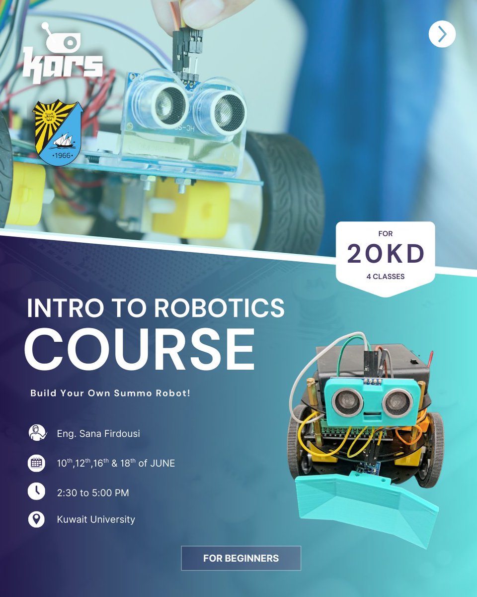 SUMMER COURSES ⚡
Presented by the CPE Dept. @ Kuwait University     
Everyone is welcomed from ages 15 and above

 Invest in your time and learn valuable skills from masters in the field 🔥💻

Registration :  forms.gle/LxzTzRntNxLBHx… more info visit our Instagram