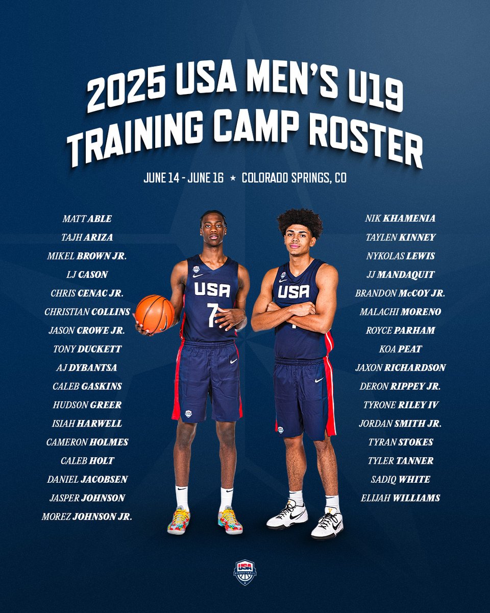 33 athletes have accepted invites to 🇺🇸 #USABMU19 training camp in Colorado Springs.

The 2025 FIBA U19 World Cup is scheduled to tip off June 28 in Lausanne, Switzerland. 

» usab.com/news/2025/05/t…