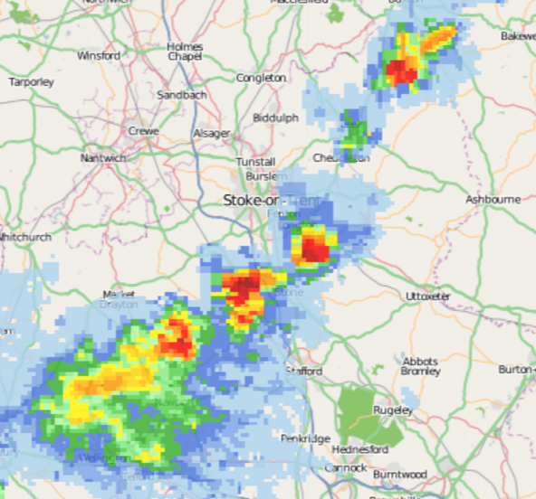 Lightning detected to the south of Stoke-on-Trent, wouldn't be surprised if thunder was being heard from there.

Lightning map: lightningmaps.org
Radar: netweather.tv/live-weather/r…