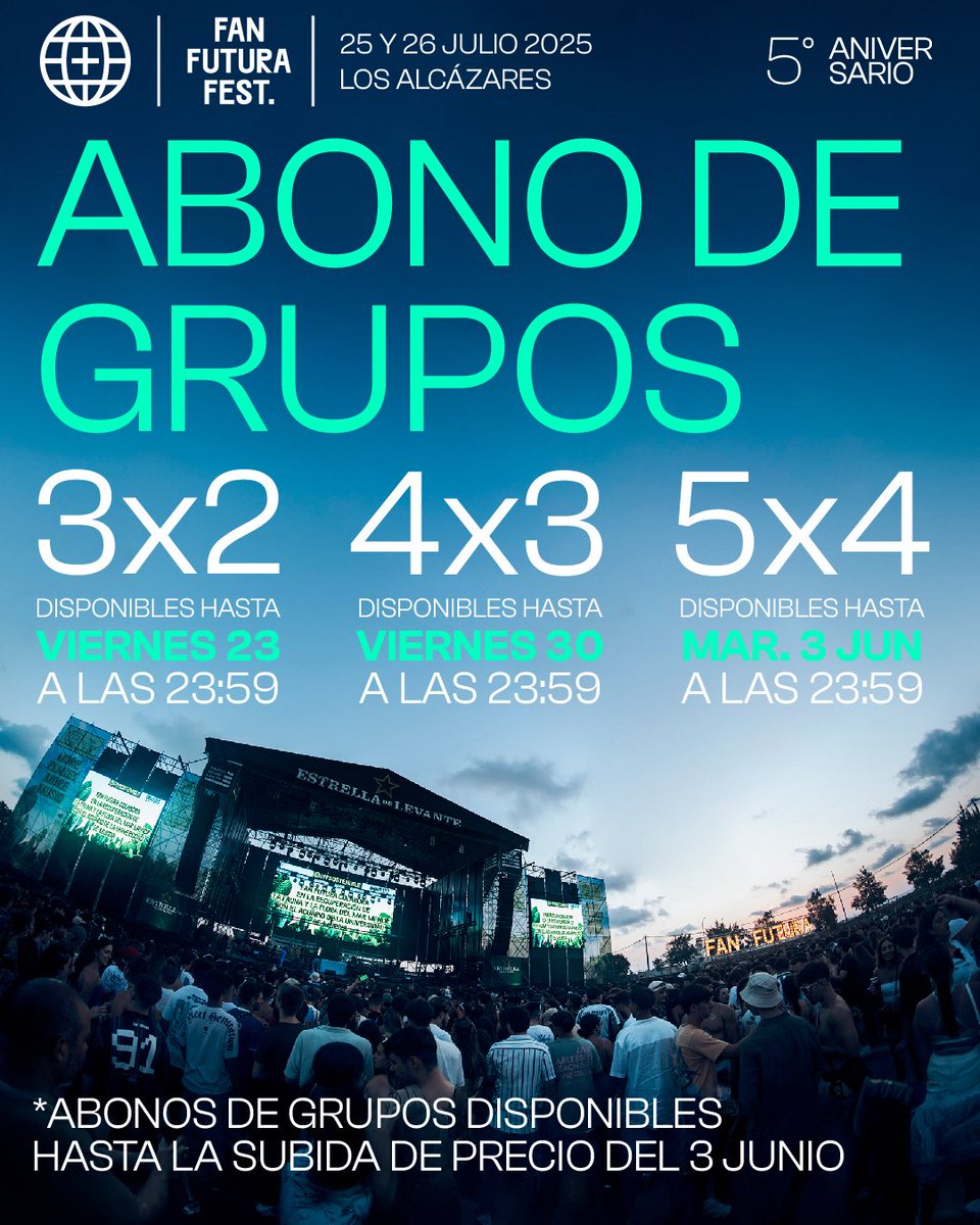 ¡VUELVEN LOS ABONOS DE GRUPO POR TIEMPO LIMITADO!

Podréis conseguir vuestro PACK de GRUPOS solo hasta el 3 de JUNIO y ese mismo día habrá una SUBIDA DE PRECIO⚠️
fanfutura.com