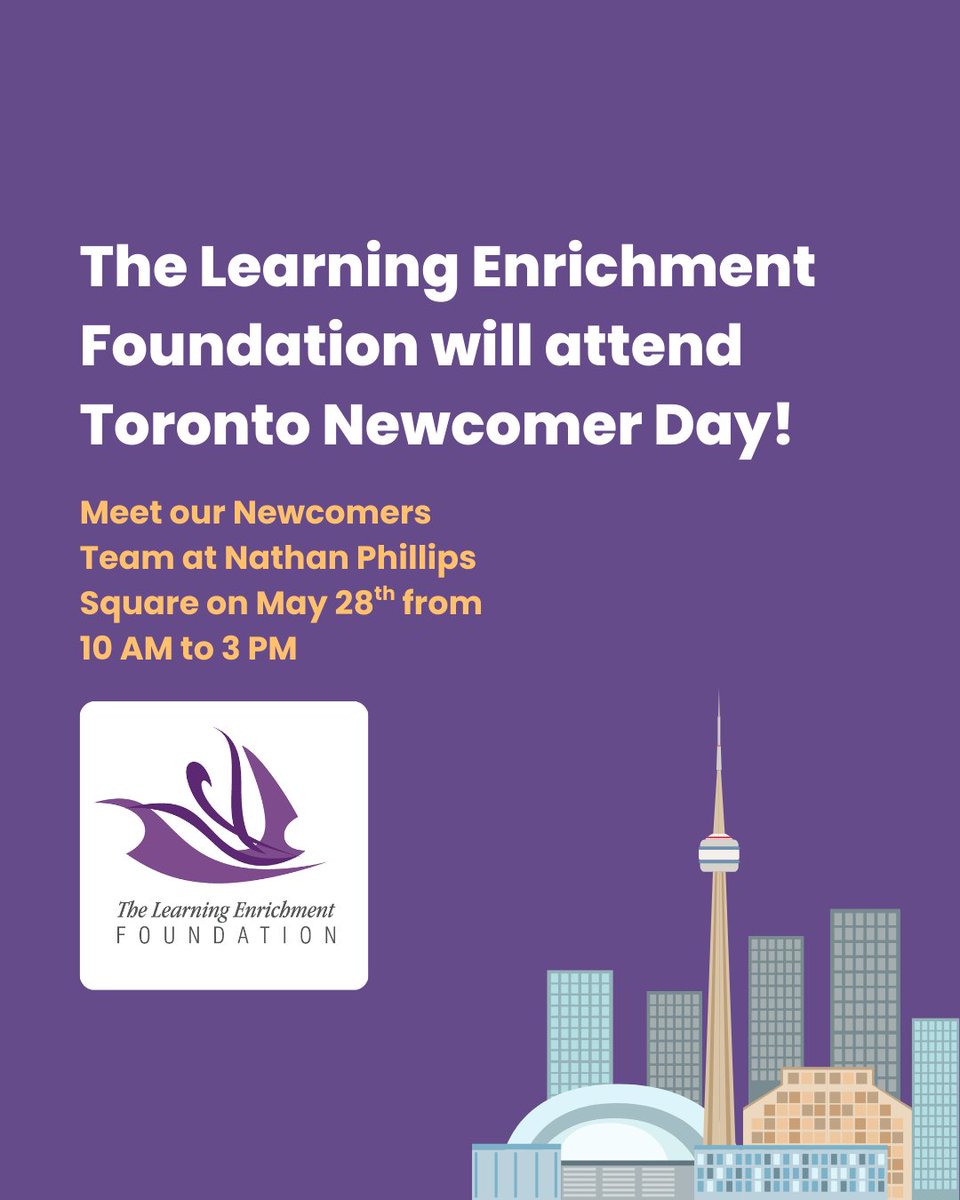 LEF will attend #TorontoNewcomerDay

Learn about what we do to support Newcomers to Canada, such as our LINC classes, youth program, and more!

We can't wait to see you at Nathan Phillips Square on May 28th from 10AM to 3PM!

#LEF#Toronto #torontonewcomerday2025 #TONewcomerDay