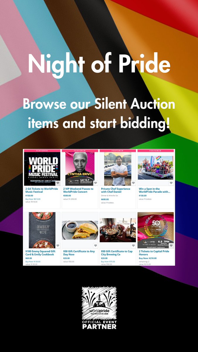 Our silent auction is officially open — and it all wraps up tonight at the WorldPride rooftop fundraiser! Bid on PT, spa treatments, and more, all benefiting Capital Pride &amp; Give 365.

Start bidding: 32auctions.com/VIDAHasPride20…