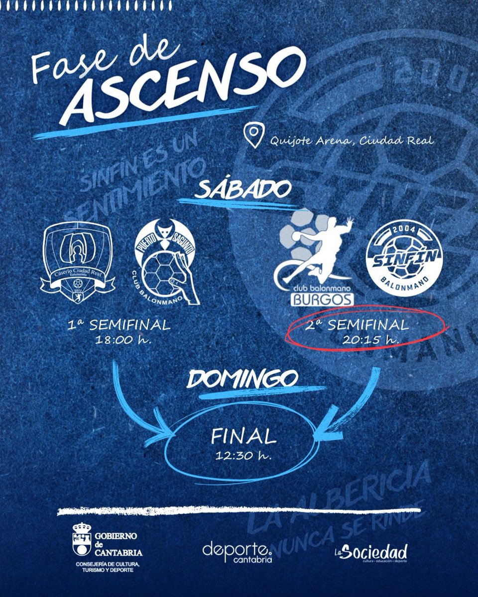 💙Tu equipo 𝙛𝙖𝙫𝙤𝙧𝙞𝙩𝙤 juega este sábado la semifinal de la #FaseDeAscensoASOBAL y ya tenemos el horario confirmado 

🆚Nos enfrentaremos cara a cara a <a href="/BalonmanoBurgos/">Club Balonmano Burgos</a> en un duelo de titanes por el pase a la gran final a las 20:15 h. en el Quijote Arena

🤝🏽 Viaje