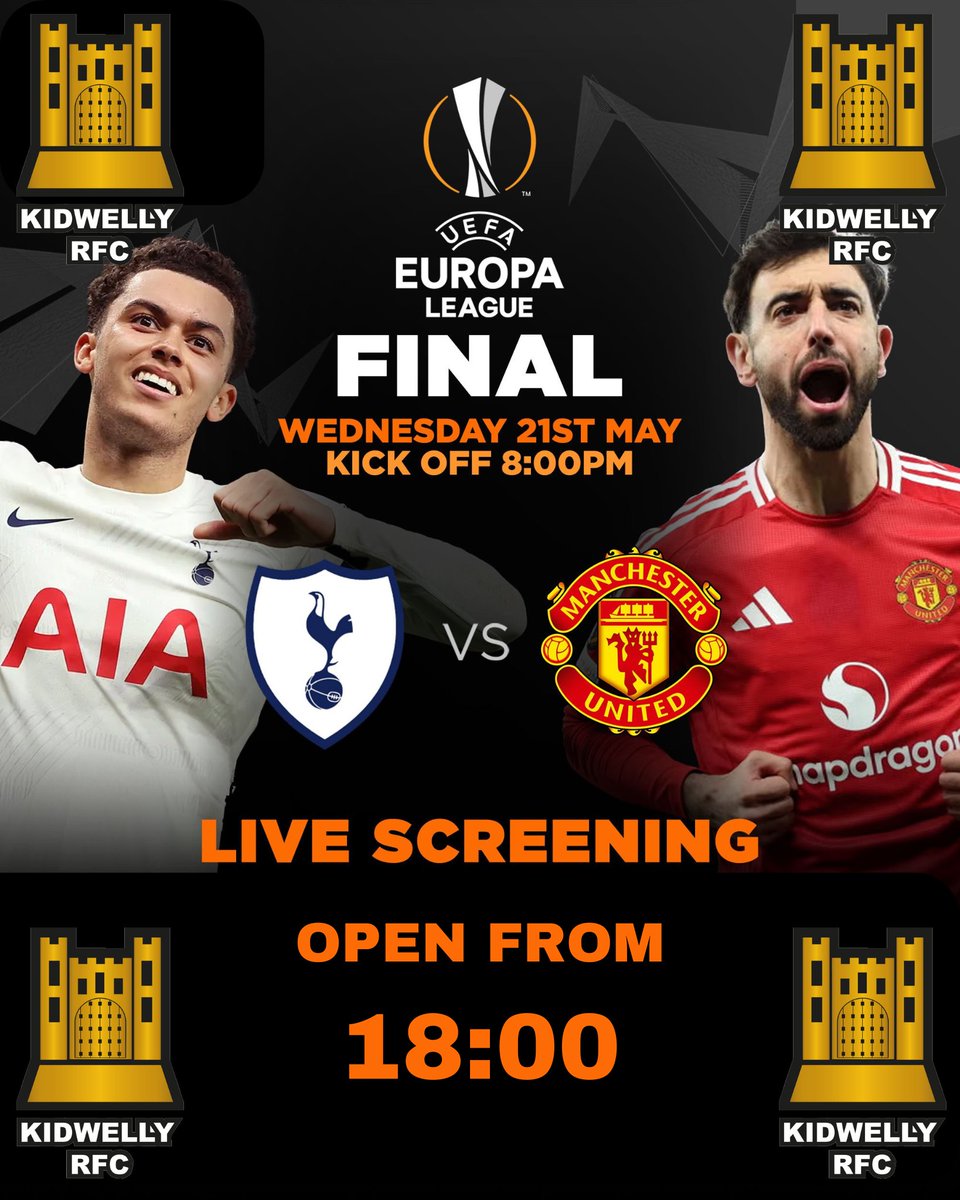 Kidwelly RFC (@rfc_kidwelly) on Twitter photo ๐ข๐ข!!!Wednesday Opening!!!! ๐ข๐ข
Watch UEFA Europa League Final Live - Tottenham Hotspur v Manchester United kick off 20:00
โฝ๏ธโฝ๏ธ๐๐
Club Open from 18:00 ๐ข๐ข!!!Wednesday Opening!!!! ๐ข๐ข
Watch UEFA Europa League Final Live - Tottenham Hotspur v Manchester United kick off 20:00
โฝ๏ธโฝ๏ธ๐๐
Club Open from 18:00