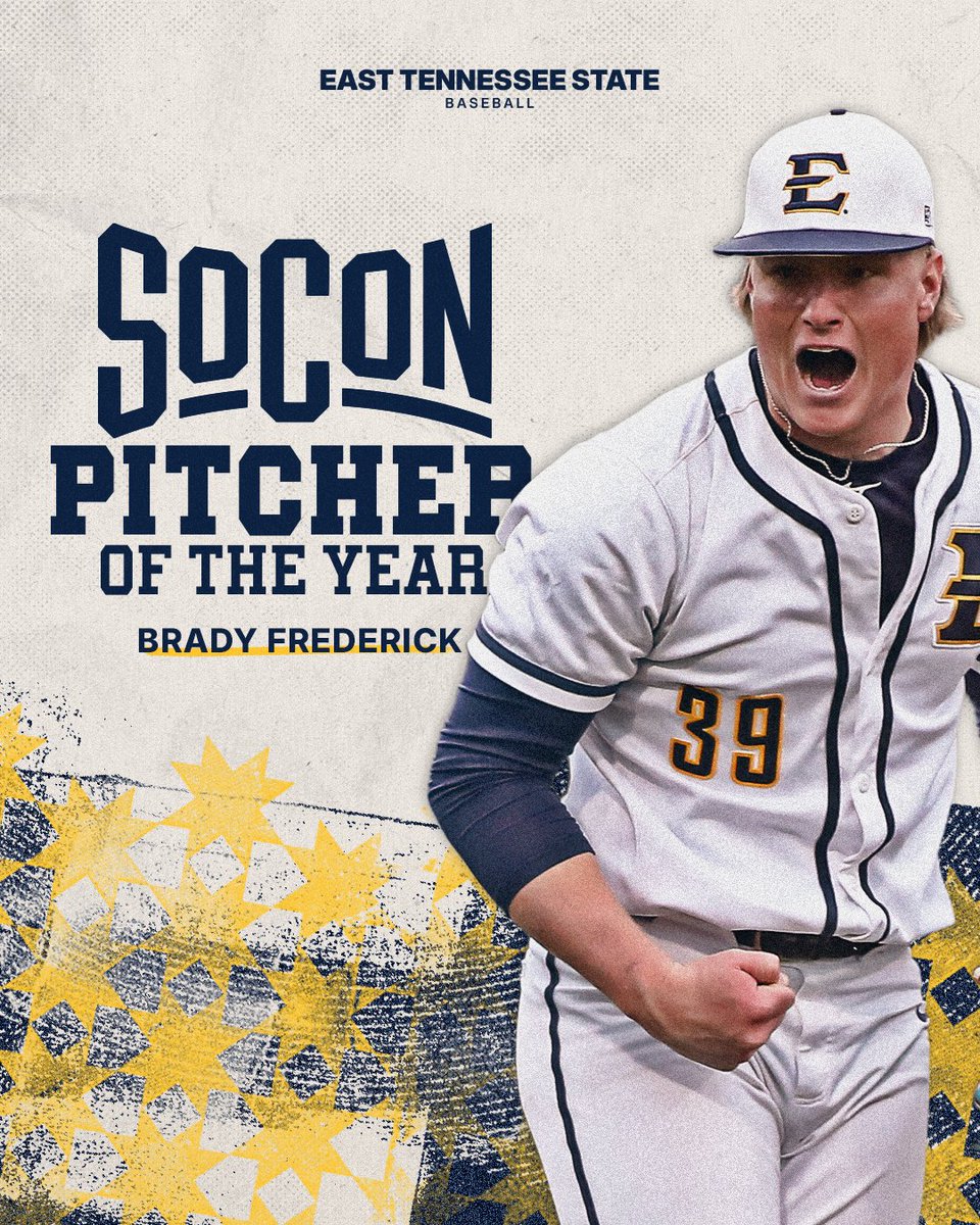 ETSU Baseball (@etsu_baseball) on Twitter photo π πΊππͺππ π·ππππππ ππ πππ ππππ π
<a href="/BradyFrederick3/">Brady Frederick</a> has been one of the most dominant pitchers in <a href="/d1baseball/">D1Baseball</a>!
βοΈ First ETSU pitcher to be named <a href="/SoConSports/">The Southern Conference</a> Pitcher of the Year
βοΈ Leads SoCon with a 2.10 ERA, 7-1 record & 3 saves
#Together | #ETSUTough π πΊππͺππ π·ππππππ ππ πππ ππππ π
<a href="/BradyFrederick3/">Brady Frederick</a> has been one of the most dominant pitchers in <a href="/d1baseball/">D1Baseball</a>!
βοΈ First ETSU pitcher to be named <a href="/SoConSports/">The Southern Conference</a> Pitcher of the Year
βοΈ Leads SoCon with a 2.10 ERA, 7-1 record & 3 saves
#Together | #ETSUTough