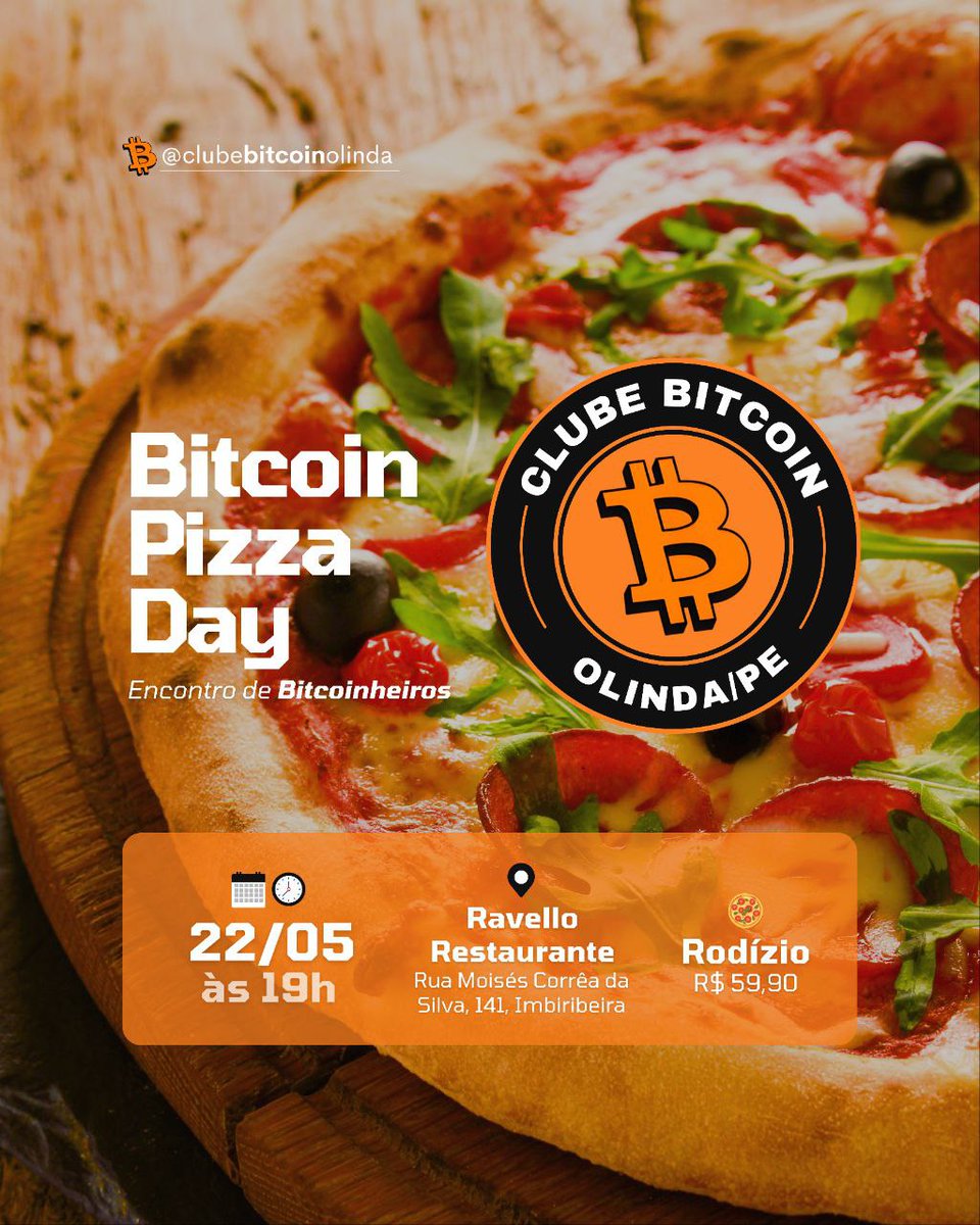 SobrinhoBTC's tweet photo. BITCOIN PIZZA DAY 🍕

O nosso encontro em comemoração ao #Bitcoin Pizza Day acontecerá depois de amanhã, no dia 22/05, às 19h. 

Teremos rodízio de pizza em um espaço fechado exclusivamente para nós. Outro detalhe é que a pizza é de fermentação natural 😋!

Vamos nessa? Não é necessário fazer inscrição. 

📍 Local: Ravello Pizzaria e Restaurante - Rua Moisés Corrêa da Silva, 141, Imbiribeira, Recife. 
🗓️ Data: 22/05 (quinta-feira)
🕐 Horário: 19h 
💰 Valor: R$ 59,90

Pedimos aos influenciadores bitcoinheiros que divulguem afim de que o evento chegue a mais pessoas!

Link dos nossos contatos nos comentários 👇