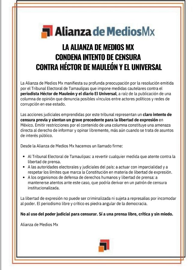 adn40 (@adn40) on Twitter photo 🔴 A través de un comunicado, la Alianza de Medios (<a href="/AlianzaMediosMx/">Alianza de Medios Mx</a>) condena el intento de censura contra el periodista Héctor de Mauleón (<a href="/hdemauleon/">Héctor de Mauleón</a>) y el diario El Universal (<a href="/El_Universal_Mx/">El Universal</a>) 🔴 A través de un comunicado, la Alianza de Medios (<a href="/AlianzaMediosMx/">Alianza de Medios Mx</a>) condena el intento de censura contra el periodista Héctor de Mauleón (<a href="/hdemauleon/">Héctor de Mauleón</a>) y el diario El Universal (<a href="/El_Universal_Mx/">El Universal</a>)