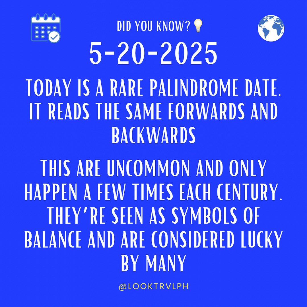 looktrvlph's tweet image. Today’s date 5-20-2025 is a rare palindrome! A lucky and unique moment in time.
#PalindromeDate #5202025 #LuckyDay #RareDates #FunWithDates #Numerology