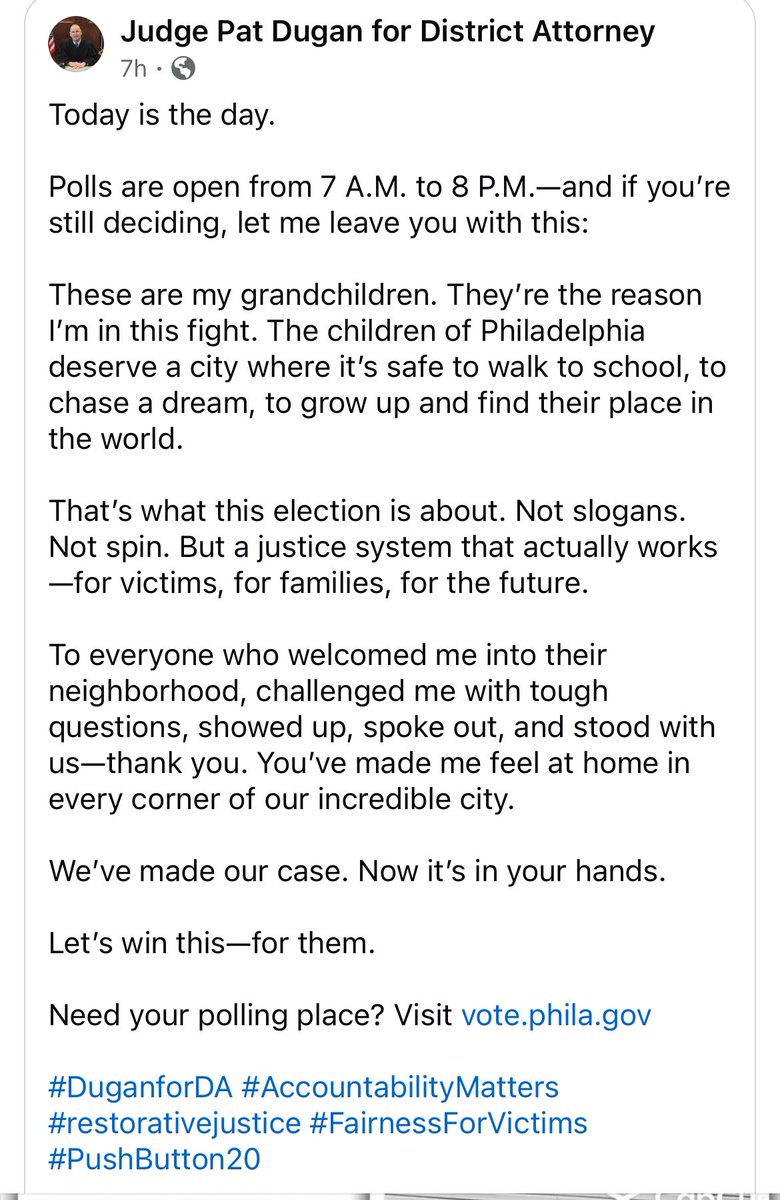 SavePhilly0520's tweet image. 🚨Polls are open until 8 PM 🚨
Make your voice heard.
This election is about our kids, our neighborhoods, and real justice that works for everyone.
Let’s win this !
Find your polling place 👉 vote.phila.gov
#DuganForDA #PhillyVotes #AccountabilityMatters…
