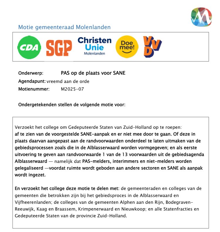 Motie PAS op de plaats voor SANE! Eerst PAS-melders, interimmers en niet-melders helpen voordat ruimte wordt geboden aan andere sectoren en SANE als aanpak wordt ingezet. <a href="/zuid_holland/">Provincie Zuid-Holland</a> <a href="/CU_ZH/">ChristenUnie Zuid-Holland</a> <a href="/CUMolenlanden/">ChristenUnie Molenlanden</a> <a href="/raadmolenlanden/">gemeenteraad Molenlanden</a> <a href="/Molenlanden_Gem/">Gemeente Molenlanden</a>