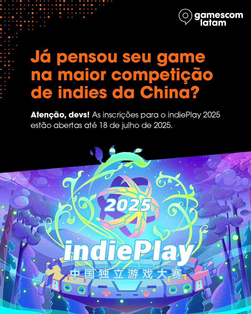 Atenção, devs! 🚨 Essa é a sua chance de levar seu jogo para o outro lado do mundo por meio da maior competição de jogos independentes da China! 🎮🏆

As inscrições para o indiePlay 2025 já estão abertas e vão até 18 de julho de 2025.
+