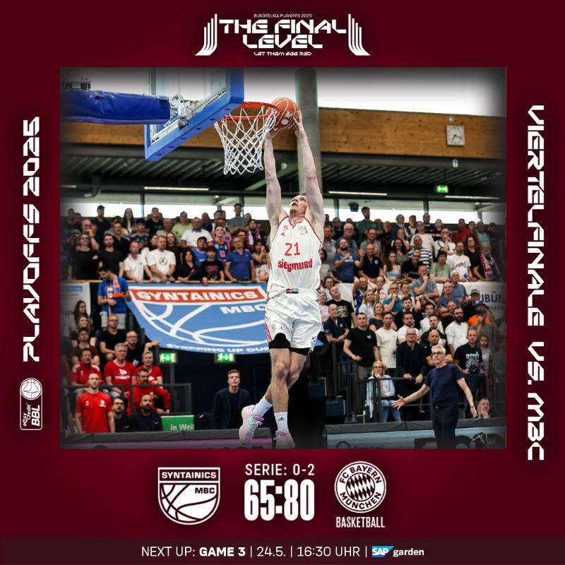 FCBBasketball's tweet photo. Wir holen uns Spiel 2 und können am Samstag mit euch im Rücken den Halbfinal-Einzug klar machen! 💪
🔜 NEXT UP: Spiel 3 | 24.5. | 16:30 Uhr | SAP Garden
🎟️ Tickets unter https://t.co/uZkM3Y6IWU
#FCBB #MBCFCB #LetThemSeeRed || Foto: Stickel