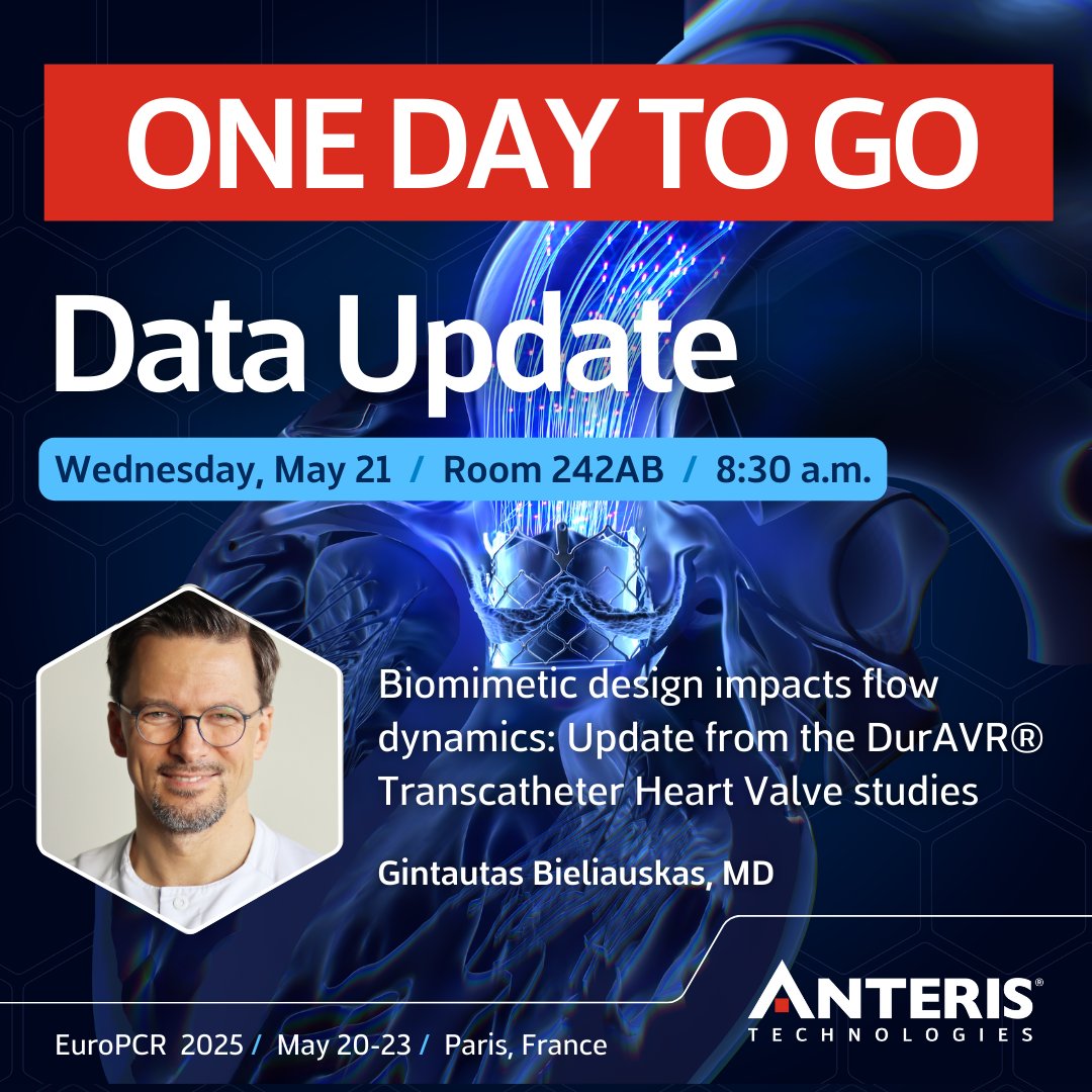 AnterisTech's tweet image. Join Dr. Gintautas Bieliauskas tomorrow at 8:30 a.m. for a clinical data update on the biomimetic DurAVR® Transcatheter Heart Valve, a new class of TAVR designed to mimic the performance of a healthy aortic valve. We look forward to seeing you there!
#TAVI #TAVR #aorticstenosis…