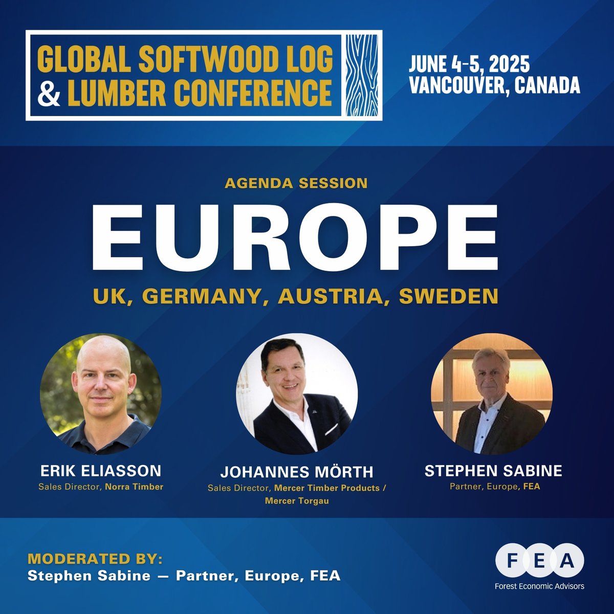 🌍 Europe’s lumber sector is under pressure—from high costs and tariffs to falling supply in the wake of the bark beetle epidemic.

Hear market insights from the UK, Sweden, and Central Europe at our upcoming Global Softwood Log &amp; Lumber Conference:

getfea.com/conference/glo…