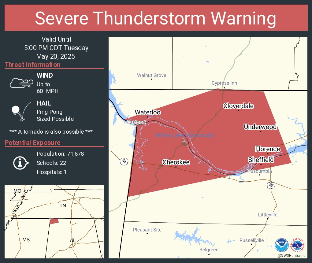 NWSHuntsville's tweet photo. Severe Thunderstorm Warning including Florence AL, Sheffield AL and  Cherokee AL until 5:00 PM CDT https://t.co/R1yiSy4GVr