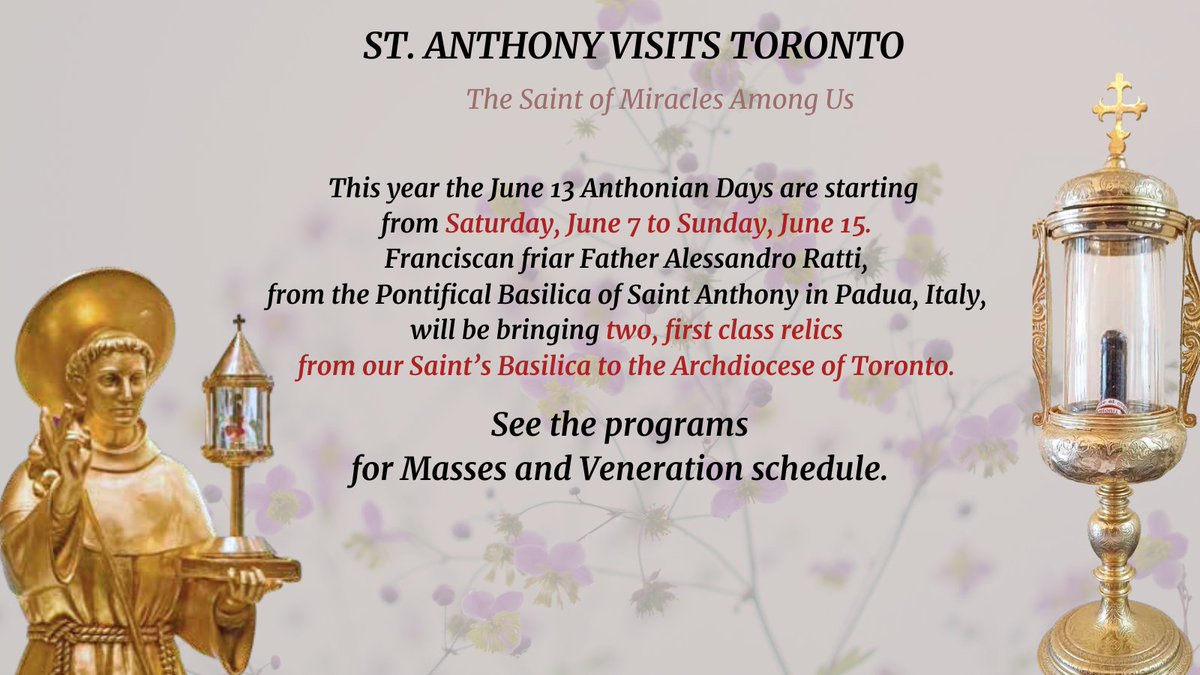 FriarMario's tweet image. ST. ANTHONY VISITS TORONTO.
Two holy Relics of St. Anthony of Padua will visit the Archdiocese of Toronto, from Saturday, June 7 to Sunday, June 15.
Check the link for Masses and Veneration schedules: santantonio.org/sites/default/…