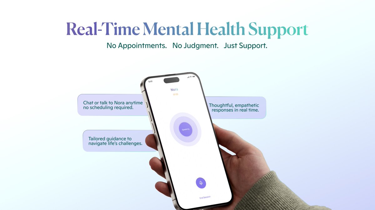 speaktonora's tweet photo. No appointments. No judgment. Just support. Nora provides real-time mental health care, tailored to your needs, anytime, anywhere.

https://t.co/iKJBx1mqw6 https://t.co/F7eih0oS3d