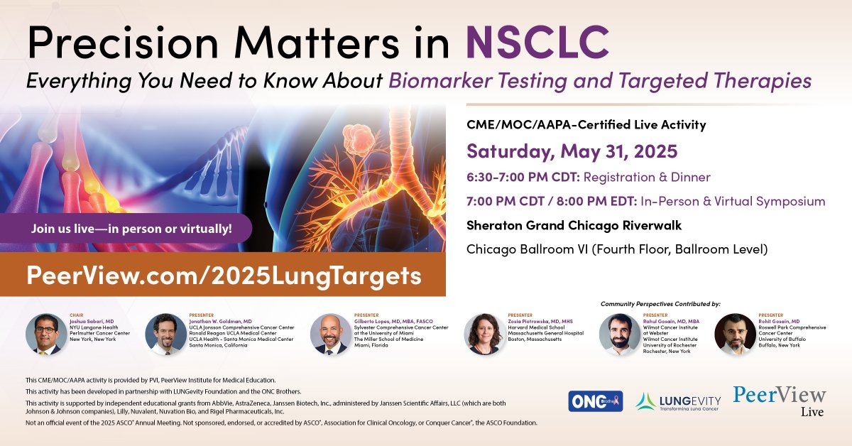LUNGevity Foundation (@lungevity) on Twitter photo Precision lung cancer care starts with strong partnerships! Join <a href="/PeerView/">PeerView</a>, <a href="/OncBrothers/">Oncology Brothers</a>, <a href="/JSabari/">Joshua Sabari, MD</a>, <a href="/GlopesMd/">gilberto lopes</a>, and <a href="/ZPiotrowskaMD/">Zosia Piotrowska</a> at #ASCO25 for Precision Matters in NSCLC! 🗓️ May 31 | ⏰ 6:30 PM CDT Reg ➡️ bit.ly/25TT-T Precision lung cancer care starts with strong partnerships! Join <a href="/PeerView/">PeerView</a>, <a href="/OncBrothers/">Oncology Brothers</a>, <a href="/JSabari/">Joshua Sabari, MD</a>, <a href="/GlopesMd/">gilberto lopes</a>, and <a href="/ZPiotrowskaMD/">Zosia Piotrowska</a> at #ASCO25 for Precision Matters in NSCLC! 🗓️ May 31 | ⏰ 6:30 PM CDT Reg ➡️ bit.ly/25TT-T