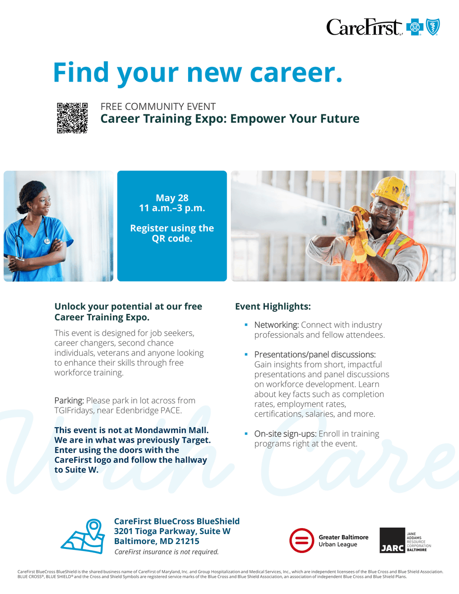 Join the Career Training Expo on May 28 (11AM–3PM) at the CareFirst Engagement Center!
✅Free programs in healthcare, IT, CDL, trades &amp; more
✅On-site signups + expert talks
📍3201 Tioga Pkwy
📝Limited space – register today! ow.ly/aEiW50VW1h0