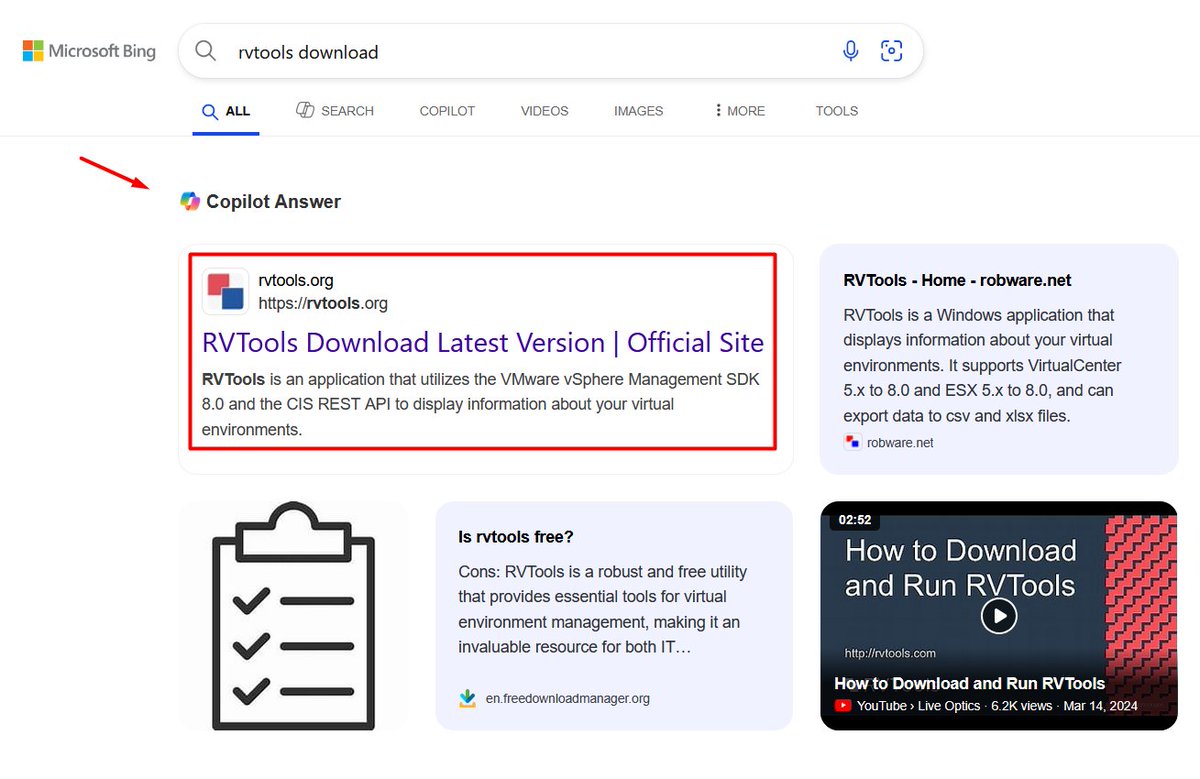 🛑 Attention to this, I searched for "rvtools download" in Microsoft #Bing and Microsoft #Copilot itself recommended the rvtools[.]org site (x.com/tsnikle/status…) which leads to the Bumblebee download (+signed) 🤦‍♂️

As we have said many times, DO NOT BLINDLY TRUST the