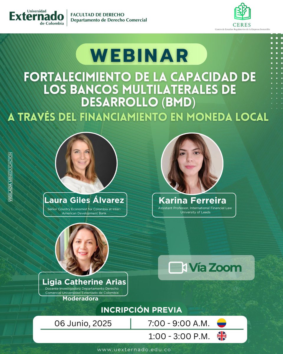 ¿Por qué seguimos financiando en moneda extranjera lo que se paga en moneda local? 
Este 6 de junio, no te pierdas el webinar con Karina Ferreira y Laura Giles Álvarez sobre cómo repensar el rol de los BMD <a href="/UniversityLeeds/">University of Leeds</a> <a href="/the_IDB/">Inter-American Development Bank</a> <a href="/DerComercial/">Departamento de Derecho Comercial UExternado</a> 
🔗uexternado.zoom.us/meeting/regist…