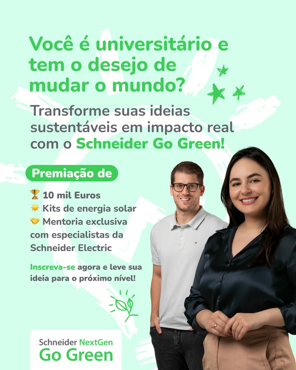 Para você que acredita que inovação e sustentabilidade devem ser acessíveis a todos, chegou a sua vez.

O Go Green é a competição global da Schneider Electric que desafia jovens universitários a desenvolverem soluções (cont) spr.ly/l/6018NQ1nG