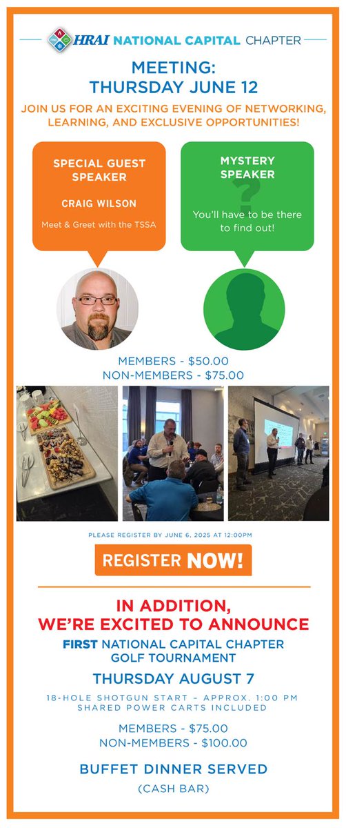Dear HRAI National Capital Chapter members – join us at our dinner meeting on Thursday, June 12 to connect with peers, enjoy a great evening, and lock in your spot at the first National Capital Chapter Golf Tournament!