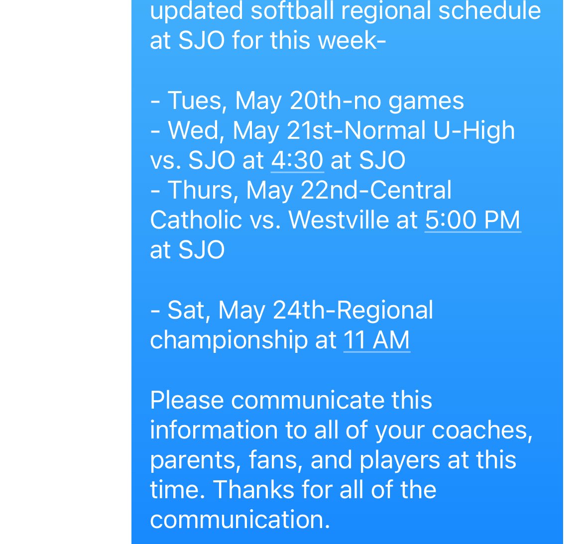 SJO AD (@sjosports) on Twitter photo <a href="/SJOSoftball/">SJO Softball</a> will now play on Wed, May 21st in their IHSA semi-final game vs. Normal U-High at 4:30 PM. Central Catholic & Westville will play at 5 PM on Thurs, 5/22. No games today. <a href="/Maroon_Platoon/">SJO Maroon Platoon</a> <a href="/Stjosephrecord/">St. Joseph Record</a> <a href="/SJOSportsPage/">Sentinel Sports</a> <a href="/ngpreps/">News-Gazette Preps</a> <a href="/SJOSoftball/">SJO Softball</a> will now play on Wed, May 21st in their IHSA semi-final game vs. Normal U-High at 4:30 PM. Central Catholic & Westville will play at 5 PM on Thurs, 5/22. No games today. <a href="/Maroon_Platoon/">SJO Maroon Platoon</a> <a href="/Stjosephrecord/">St. Joseph Record</a> <a href="/SJOSportsPage/">Sentinel Sports</a> <a href="/ngpreps/">News-Gazette Preps</a>