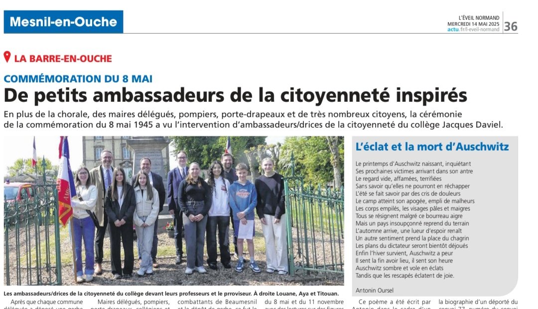 Campus Educatif Mesnil-En-Ouche - Collège (@campuseduc27) on Twitter photo (15/05) Merci à l'Eveil et sa correspondante d'avoir relayé la présence des Ambassadeurs de 3e à la Cérémonie du 8 mai (aperçu). Et en prime, le poème d'Antonin, 3e dont le texte a été retenu par la Mairie.
<a href="/ac_normandie/">Académie de Normandie</a> <a href="/Fmarchand_27/">Frédéric Marchand</a> <a href="/EureenNormandie/">Département de l’Eure</a> <a href="/SF_Siege/">Le Souvenir Français</a> (15/05) Merci à l'Eveil et sa correspondante d'avoir relayé la présence des Ambassadeurs de 3e à la Cérémonie du 8 mai (aperçu). Et en prime, le poème d'Antonin, 3e dont le texte a été retenu par la Mairie.
<a href="/ac_normandie/">Académie de Normandie</a> <a href="/Fmarchand_27/">Frédéric Marchand</a> <a href="/EureenNormandie/">Département de l’Eure</a> <a href="/SF_Siege/">Le Souvenir Français</a>