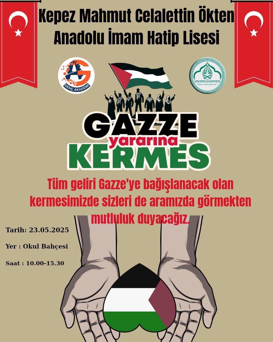 Antalya Kepez Mahmut Celalettin Ökten Anadolu İmam Hatip Lisesi olarak geliri Gazzeli mazlum kardeşlerimize ulaştırılmak üzere kermes düzenliyoruz. Dua ve destek bekliyoruz.
#Gazza  #FreePalestine #FreePalestineNow